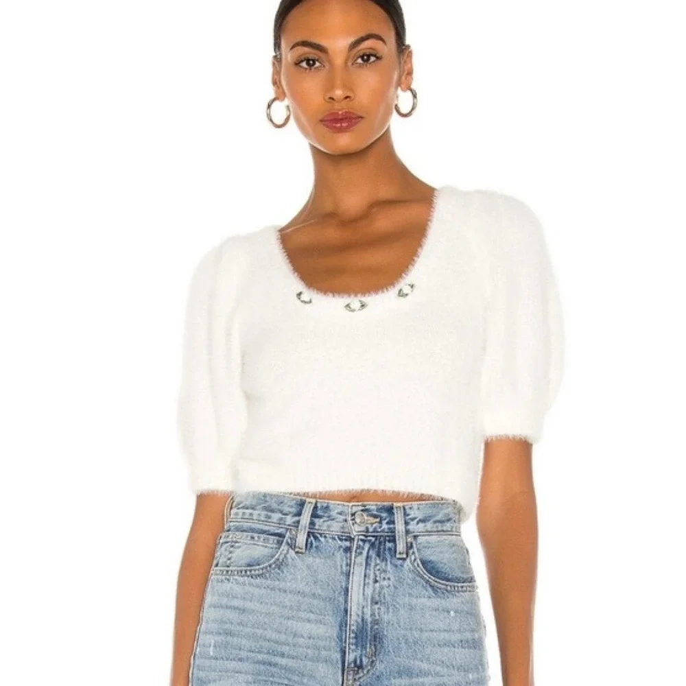 For‎ Love & Lemons Anastasia Cropped Sweater White Faux Mohair Floral Applique - Picture 2 of 8